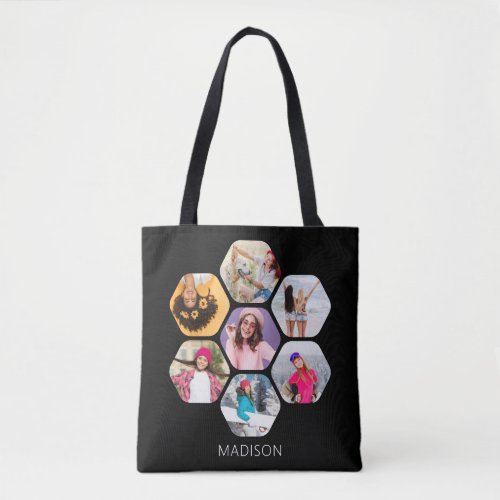 Multi Photo Collage Modern Personalized Name Tote Bag