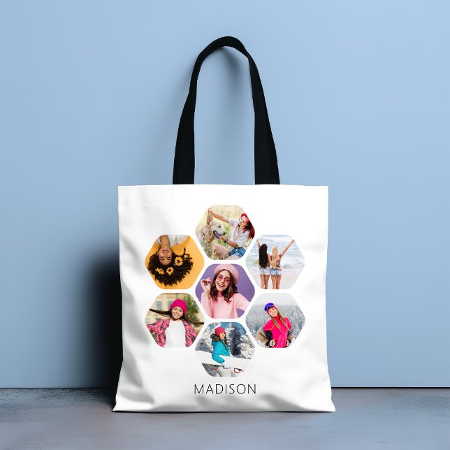 Multi Photo Collage Modern Personalized Name Tote Bag (Creator Uploaded)