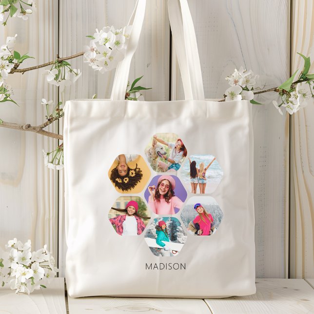 Multi Photo Collage Modern Personalized Name Tote Bag (Creator Uploaded)