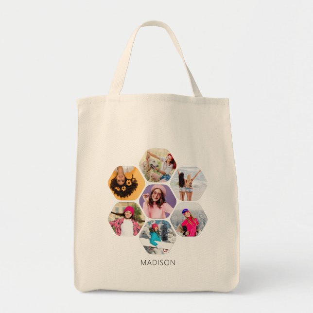 Multi Photo Collage Modern Personalized Name Tote Bag (Front)