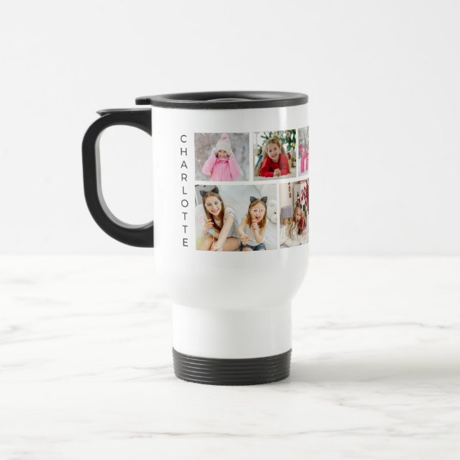 Multi Photo Collage Modern Personalized Name Travel Mug (Left)