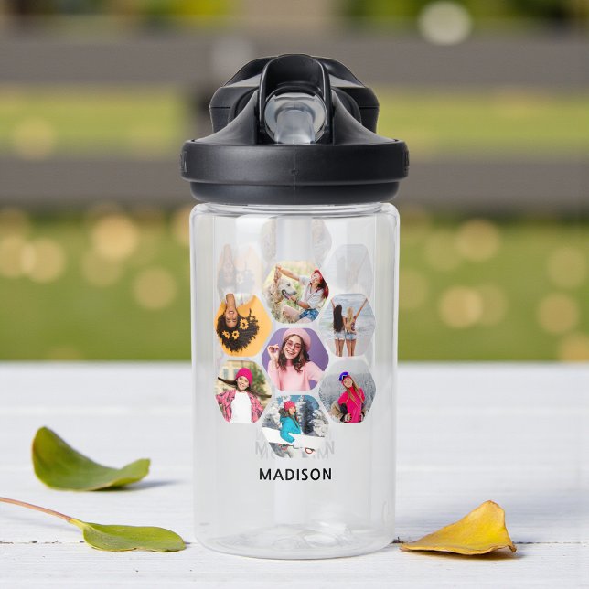 Multi Photo Collage Modern Personalized Name Water Bottle (Creator Uploaded)