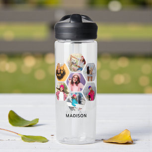 Multi Photo Collage Modern Personalized Name Water Bottle