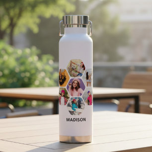 Multi Photo Collage Modern Personalized Name Water Bottle