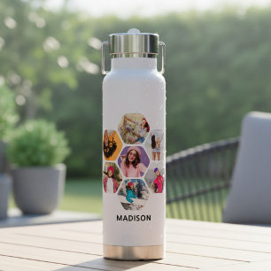 Multi Photo Collage Modern Personalized Name Water Bottle