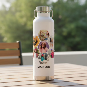 Multi Photo Collage Modern Personalized Name Water Bottle