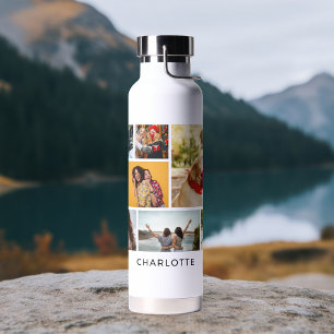 Multi Photo Collage Modern Personalized Name Water Bottle