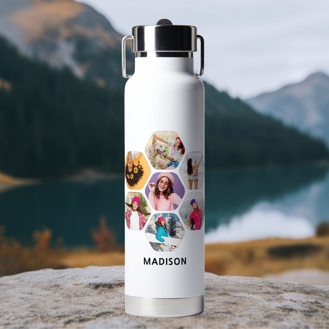 Multi Photo Collage Modern Personalized Name  Water Bottle (Creator Uploaded)