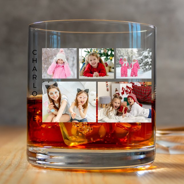 Multi Photo Collage Modern Personalized Name Whiskey Glass (Creator Uploaded)
