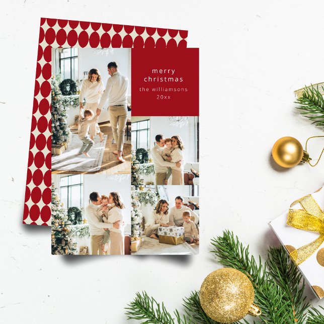 Multi Photo Collage Red Baubles Retro Christmas Holiday Card (Creator Uploaded)