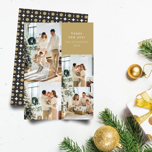 Multi Photo Collage Retro Black Gold New Year Holiday Card