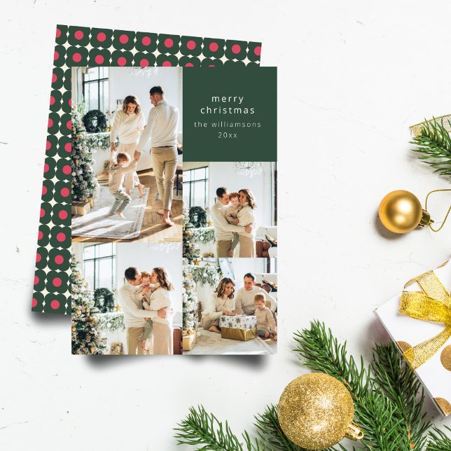 Multi Photo Collage Retro Green Floral Christmas Holiday Card (Creator Uploaded)