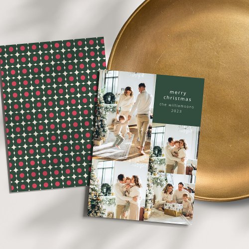Multi Photo Collage Retro Green Floral Christmas Holiday Card