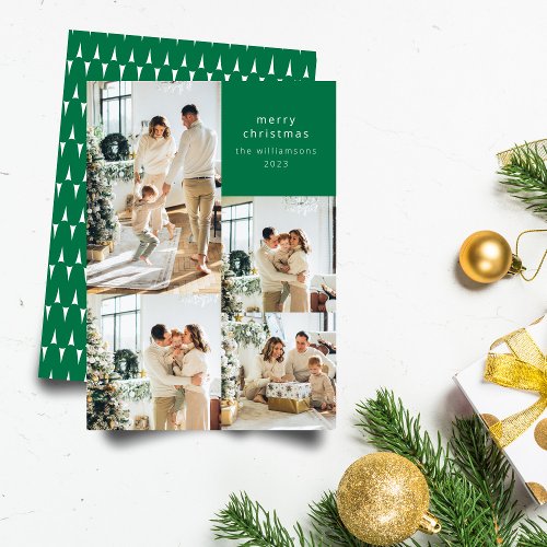 Multi Photo Collage Retro Green Pattern Christmas Holiday Card