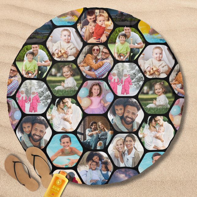 Multi Photo Collage Simple Modern Hexagon Pattern Beach Towel (Creator Uploaded)