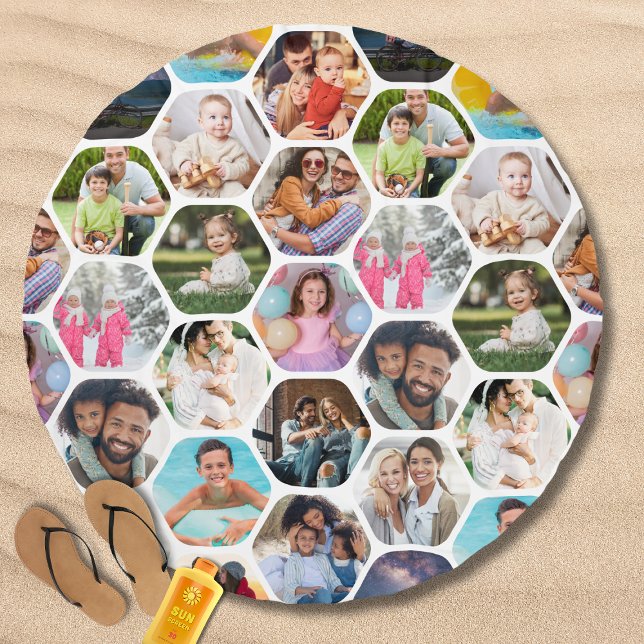 Multi Photo Collage Simple Modern Hexagon Pattern Beach Towel (Creator Uploaded)