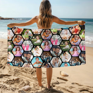 Multi Photo Collage Simple Modern Hexagon Pattern Beach Towel