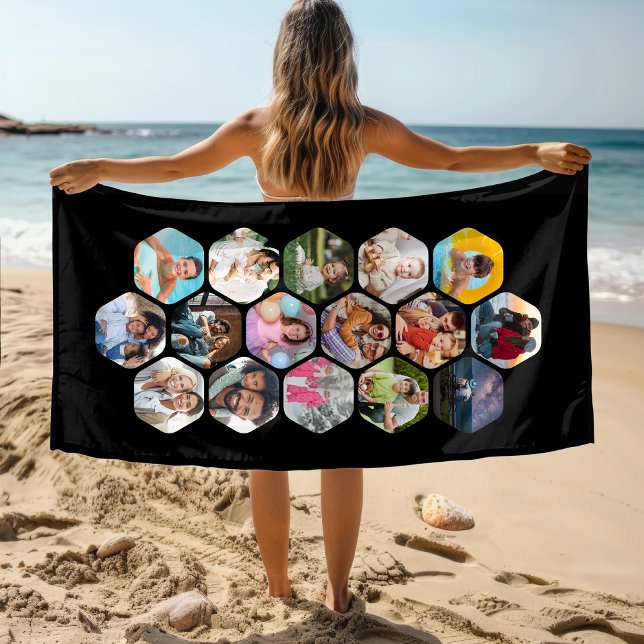 Multi Photo Collage Simple Modern Hexagon Pattern Beach Towel (Creator Uploaded)