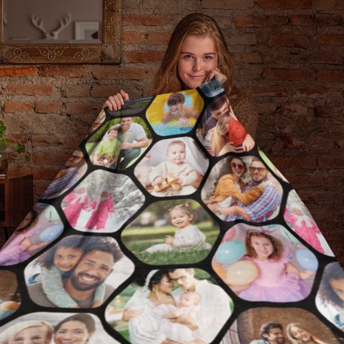 Multi Photo Collage Simple Modern Hexagon Pattern Fleece Blanket