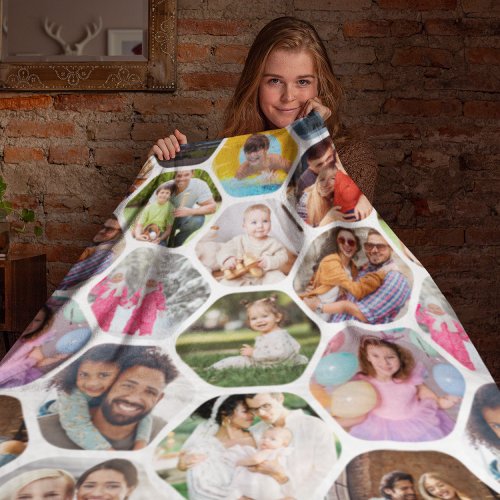 Multi Photo Collage Simple Modern Hexagon Pattern Fleece Blanket