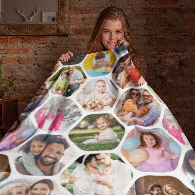Multi Photo Collage Simple Modern Hexagon Pattern Fleece Blanket (Creator Uploaded)