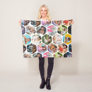 Multi Photo Collage Simple Modern Hexagon Pattern Fleece Blanket