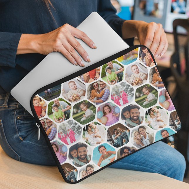 Multi Photo Collage Simple Modern Hexagon Pattern Laptop Sleeve (Creator Uploaded)