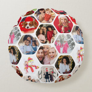 Multi Photo Collage Simple Modern Hexagon Pattern Round Pillow