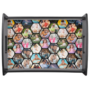 Multi Photo Collage Simple Modern Hexagon Pattern Serving Tray