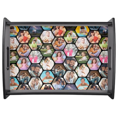 Multi Photo Collage Simple Modern Hexagon Pattern Serving Tray