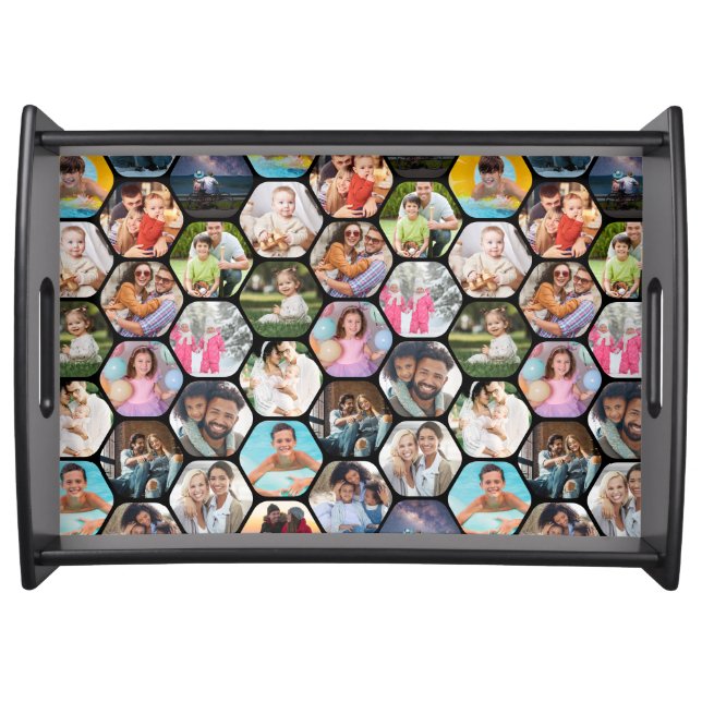 Multi Photo Collage Simple Modern Hexagon Pattern Serving Tray (Front)