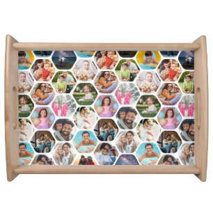 Multi Photo Collage Simple Modern Hexagon Pattern Serving Tray