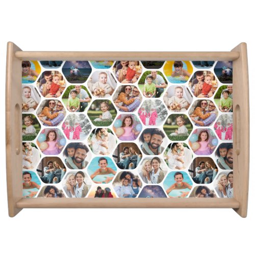 Multi Photo Collage Simple Modern Hexagon Pattern Serving Tray