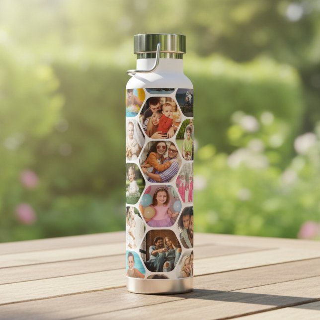 Multi Photo Collage Simple Modern Hexagon Pattern Water Bottle (Creator Uploaded)