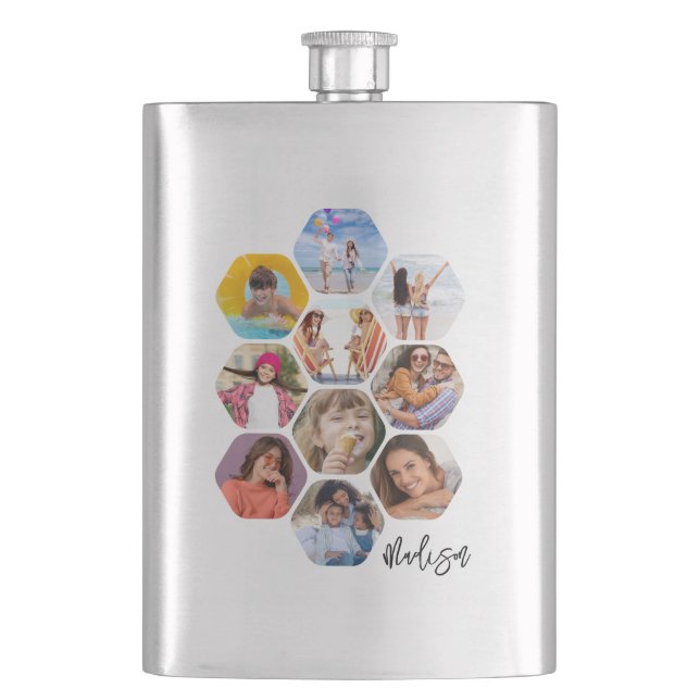 Multi Photo Collage Simple Modern Personalized Fla Flask (Front)