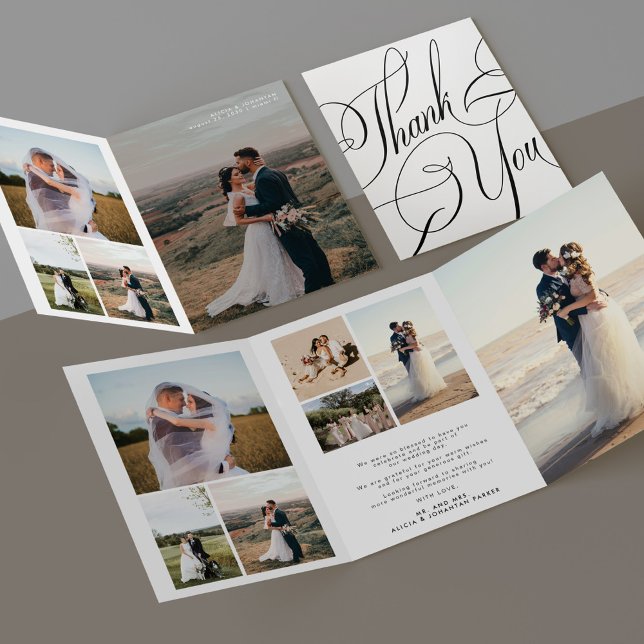Multi photo elegant script wedding thank you card (Creator Uploaded)