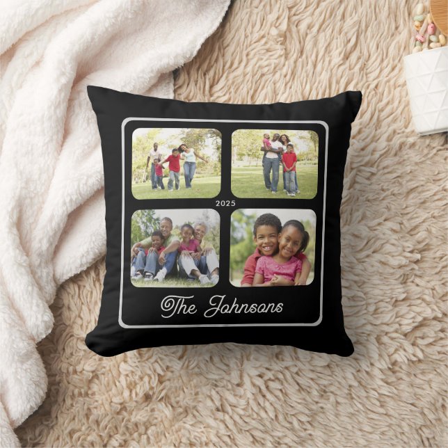 Multi Photo Family Name Elegant Calligraphy Black Throw Pillow (Blanket)
