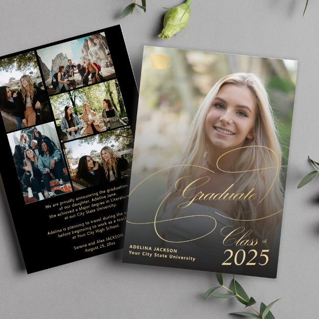 Multi photo gold black graduate script graduation announcement (Creator Uploaded)