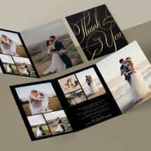 Multi photo gold black wedding thank you card