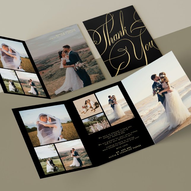 Multi photo gold black wedding thank you card (Creator Uploaded)