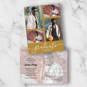 Multi Photo Gold Graduation Party Invitation Postcard