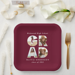 Multi photo grad modern burgundy party decor paper plates