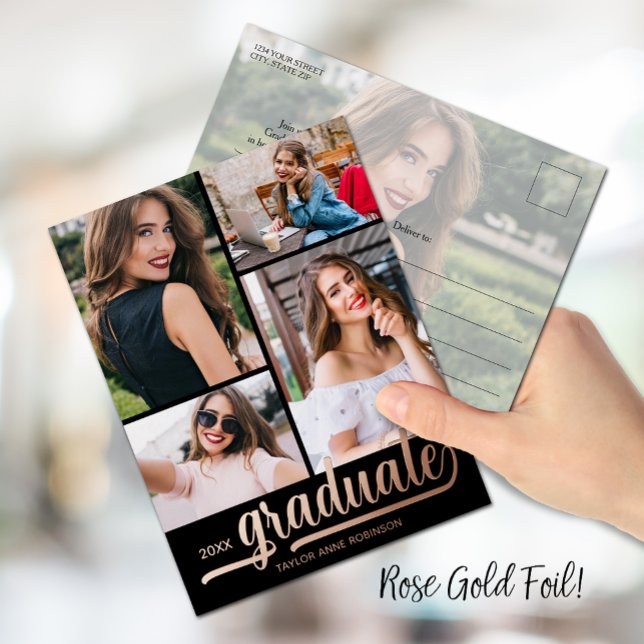 Multi Photo Graduation Party Foil Invitation Postcard (Creator Uploaded)