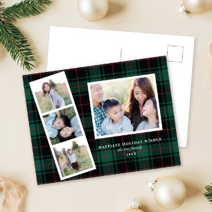 Multi-Photo Green Black Tartan Plaid Holiday Card