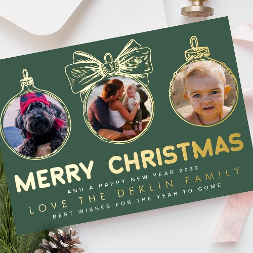 Multi Photo Green Gold Merry Christmas Happy Foil Holiday Card