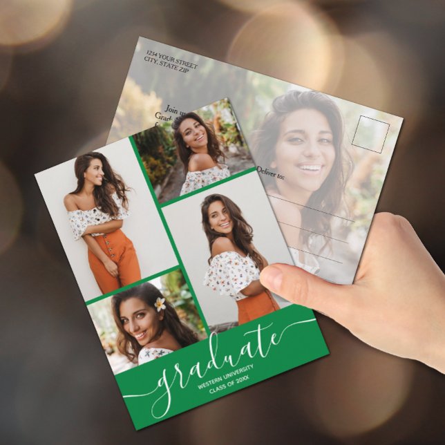 Multi Photo Green Graduation Party Invitation Postcard (Graduation photo party invitation postcards)