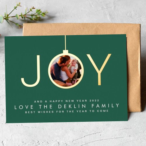 Multi Photo Green Leaf Merry Christmas Gold JOY Foil Holiday Card