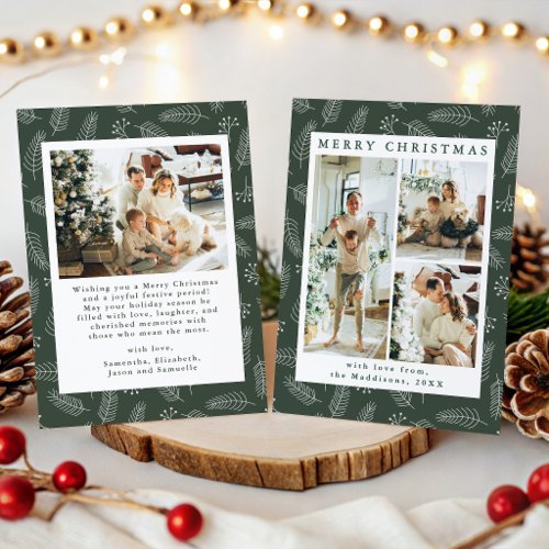 Multi-Photo Green Minimal Christmas Leaves pattern Holiday Card