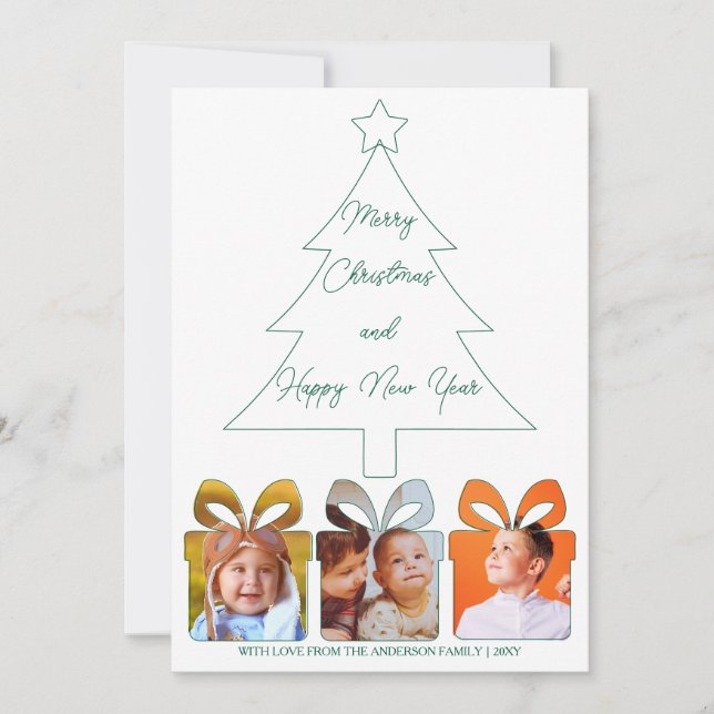Multi Photo Green Unique Modern Merry Christmas Holiday Card (Front)