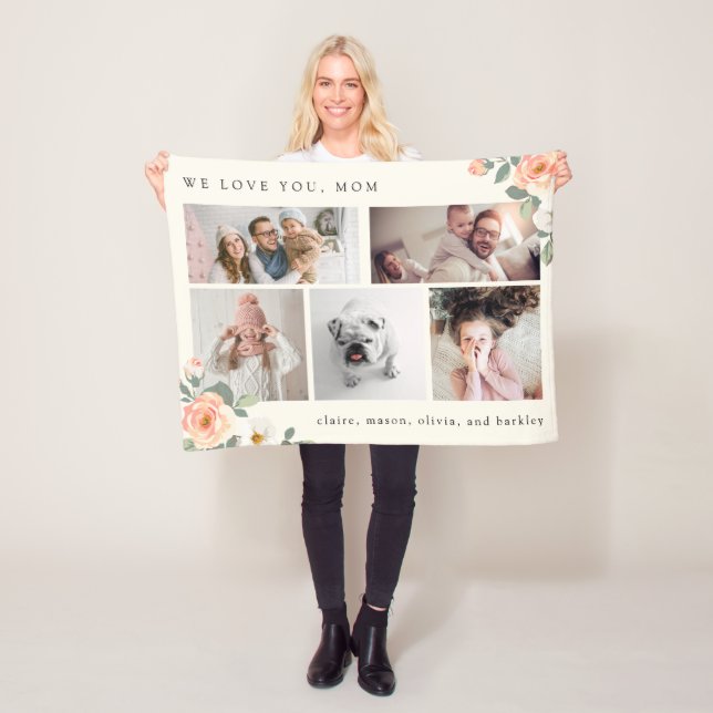 Multi Photo Grid for Mother with Peach Flowers Fleece Blanket (In Situ)